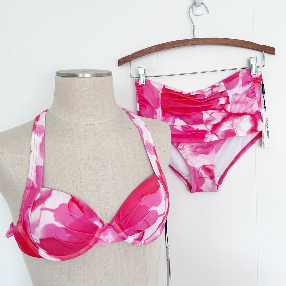 Calvin Klein Pleated Floral Underwire Bikini Top and High Waisted Bottom XS NWT - Picture 3 of 9